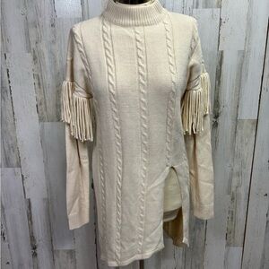 La Charme U Cream Cable Knit High Neck Sweater with Fringe‎ Details